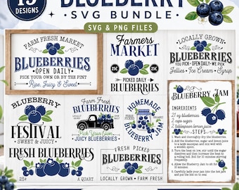 Blåbärsskylt SVG-paket, gårdsfärska blåbär svg, lokala blåbär svg, bondgårds svg-filer för Cricut