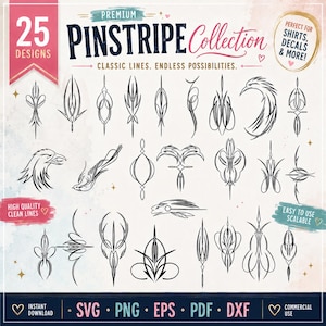 Op de afbeelding: Een digitale collectie van 25 zwarte pinstripe-ontwerpen met diverse symmetrische lijntekeningen, waaronder adelaarskoppen en abstracte krullen. De tekst bevat Premium Pinstripe Collection, Classic Lines, Endless Possibilities en de bestandsformaten SVG, PNG, EPS, PDF, DXF.