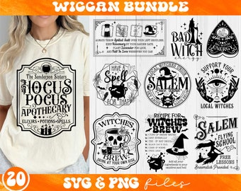 May include: A collection of 20 Wiccan-themed SVG and PNG files. The designs feature witchy elements like cauldrons, potion bottles, and the text "Hocus Pocus Apothecary." Other designs include the text "Bad Witch Energy" and "Salem Flying School."
