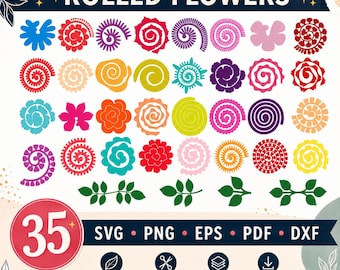 May include: A digital collection of 35 rolled flower templates in various colors and shapes, including spiral and petal designs, with green leaf icons. The image features the text ROLLED FLOWERS, 35, and file formats SVG, PNG, EPS, PDF, and DXF.