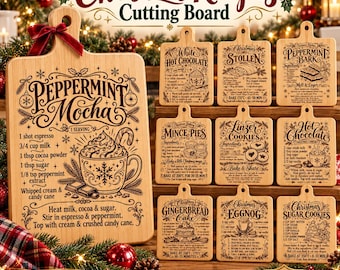 Christmas Recipes Cutting Board SVG, Vintage Holiday Baking, Laser Engraving PNG DXF