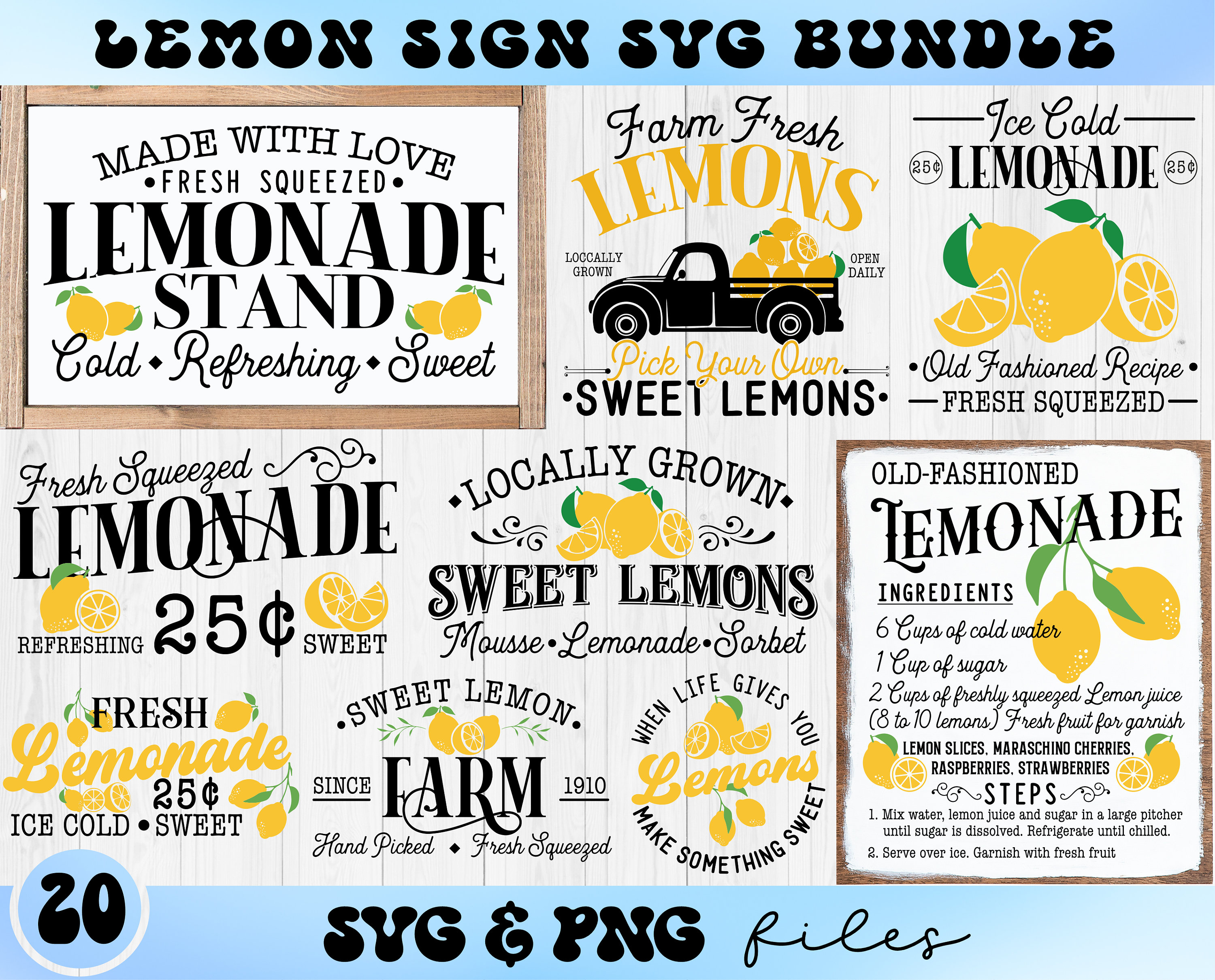 Lemon Sign SVG Bundle, Lemonade Stand Sign svg, Fresh Lemons svg, Farmhouse Lemons Sign svg, Fresh Squeezed Lemonade svg