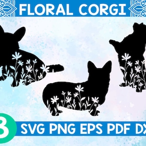 Floral Corgi svg, Corgi chien svg, Corgi wildlflower svg, Corgi avec fleur svg, silhouettes Corgi