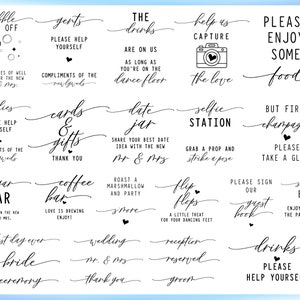 May include: Black and white printable wedding signs with calligraphy text. The signs include phrases like "Bubble Send Off", "Gents Please Help Yourself", "The Drinks Are On Us", "Help Us Capture The Love", "Please Enjoy Some Food", "Ladies Please Help Yourself", "Cards & Gifts Thank You", "Date Jar Share Your Best Date Idea With The New Mr. & Mrs.", "Selfie Station Grab A Prop And Strike A Pose", "But First Champagne Please Take A Glass", "Cigar Bar Congrats On The New Mr. And Mrs.", "Coffee Bar Love Is Brewing Enjoy!", "Roast A Marshmallow And Party S'more", "Flip Flops A Little Treat For Your Dancing Feet", "Please Sign Our Guest Book", "Snack Bar Enjoy And Keep The Party Going!", "Best Day Ever Bride Ceremony", "Wedding Mr. & Mrs. Thank You", "Reception Reserved Groom", "Drinks Please Help Yourself".