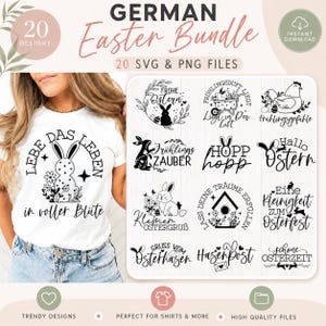 May include: A white t-shirt featuring a black graphic of a rabbit surrounded by flowers and the text 'LEBE DAS LEBEN in voller Blüte', alongside a digital collection of 20 black and white Easter-themed SVG and PNG designs with German text.