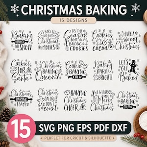 Puede incluir: Una colección digital de 15 diseños de repostería navideña en blanco y negro con tipografía e iconos festivos como hombres de jengibre, copos de nieve, batidores y rodillos. El texto incluye frases como Baking Through The Snow, Christmas Baking Queen y Cookies For Santa, presentadas en varias fuentes.