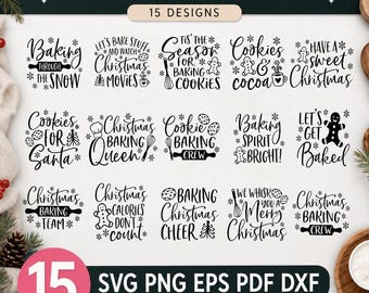 Op de afbeelding: Een digitale collectie van 15 zwart-wit kerstbakontwerpen met typografie en feestelijke iconen zoals peperkoekmannetjes, sneeuwvlokken, gardes en deegrollers. De tekst bevat zinnen zoals Baking Through The Snow, Christmas Baking Queen en Cookies For Santa, gepresenteerd in verschillende lettertypes.