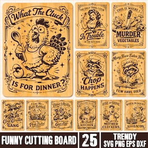May include: A set of 10 wooden cutting boards with comical designs and text. The boards showcase animal characters and phrases such as "What The Cluck Is For Dinner?" and "Murder Vegetables." The words "Funny Cutting Board" are also displayed.