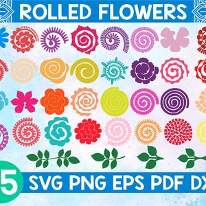 May include: A set of 35 SVG, PNG, EPS, PDF, and DXF files for creating rolled paper flowers. The image shows a variety of colorful flower designs, including swirls, spirals, and simple shapes.