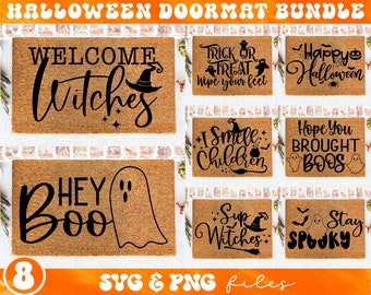 Pacchetto di zerbini di Halloween in formato SVG, zerbino di Halloween in formato SVG, cartello di benvenuto di Halloween in formato SVG, "Dolcetto o scherzetto, pulisci i piedi" in formato SVG, "Spero che tu abbia portato Boos" in formato SVG