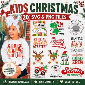 May include: A digital collection of 20 Christmas-themed SVG and PNG graphic files featuring snowmen, a dinosaur, a hippo, gnomes, reindeer, a truck, and festive text. A child wears a white sweatshirt with the text Candy Cane Cutie.
