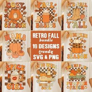 May include: A collection of white t-shirts with retro fall designs. The designs include pumpkins, autumn leaves, coffee, boots, and text such as "Cozy Season", "Fall Basics", and "Pumpkin Patch". The text "Retro Fall Bundle" is also present.