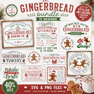 May include: A digital collection of 12 gingerbread-themed graphic designs featuring text and illustrations of gingerbread people, candy canes, and baking motifs in red and green. Includes phrases like Gingerbread Baking Co, Sugar N Spice, and Baking Spirits Bright.