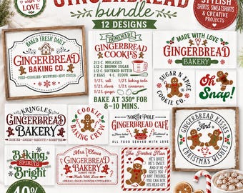 May include: A digital collection of 12 gingerbread-themed graphic designs featuring text and illustrations of gingerbread people, candy canes, and baking motifs in red and green. Includes phrases like Gingerbread Baking Co, Sugar N Spice, and Baking Spirits Bright.