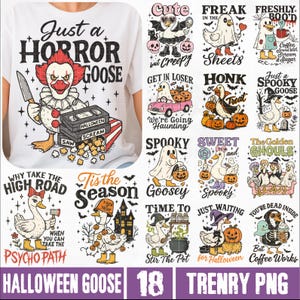 Puede incluir: Una colección de 18 gráficos PNG con temática de Halloween que presentan gansos de dibujos animados en varios escenarios espeluznantes. Los diseños incluyen un ganso disfrazado de payaso, fantasmas, calabazas y texto como "Just a Horror Goose".