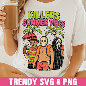 May include: White t-shirt with a graphic featuring three horror movie characters: Freddy Krueger, Jason Voorhees, and Ghostface, with the text "KILLERS SUMMER VIBES". The design includes palm trees and an umbrella.