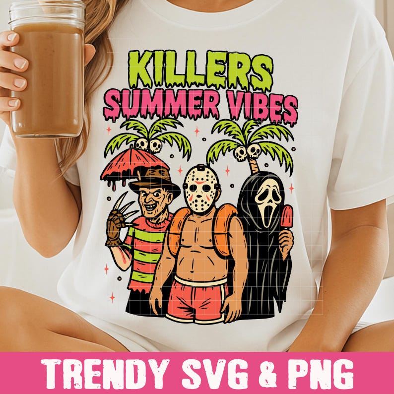 May include: White t-shirt with a graphic featuring three horror movie characters: Freddy Krueger, Jason Voorhees, and Ghostface, with the text "KILLERS SUMMER VIBES". The design includes palm trees and an umbrella.