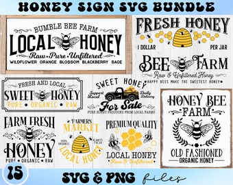 May include: A set of 15 SVG and PNG files for creating honey bee farm signs. The signs feature various designs with text such as "Local Honey", "Sweet Honey", "Honey Bee Farm", and "Old Fashioned Organic Honey".