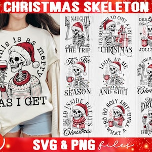 Paquete SVG de esqueleto navideño, Calavera navideña divertida, Humor navideño, Papá Noel esqueleto, Suéter navideño moderno