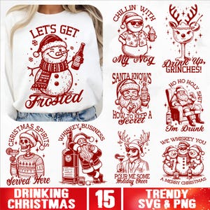 Drinken kerst SVG-bundel, grappige wijn kerst svg, retro kerst alcohol svg, drinken humor svg, vakantie wijn vintage png