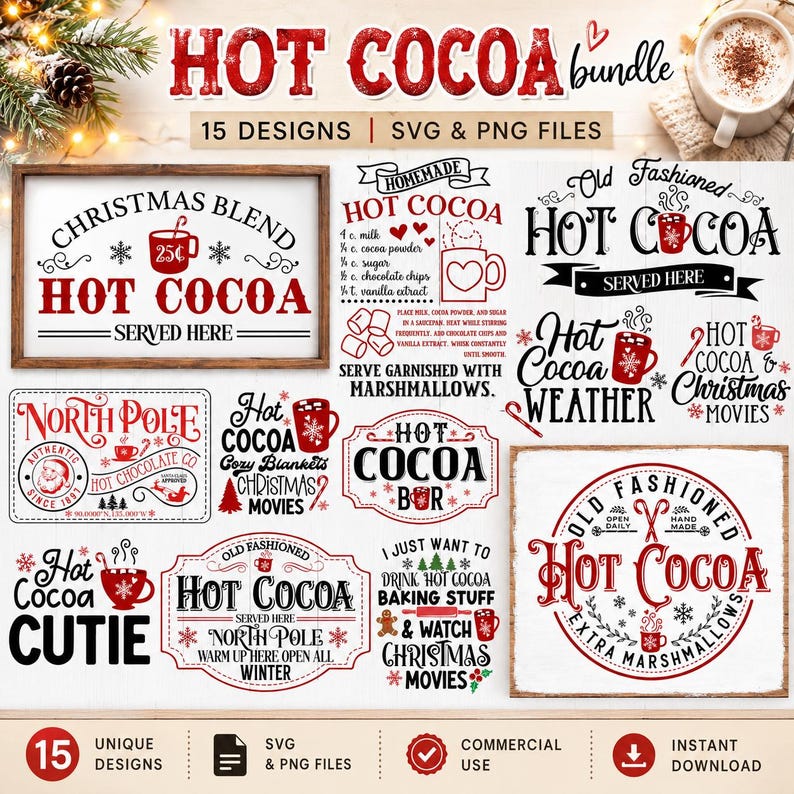 Varm choklad svg-paket, julskylt med varm choklad svg, Hot Cocoa Company svg, gammaldags varm choklad svg, varm choklad serveras här svg bild 1