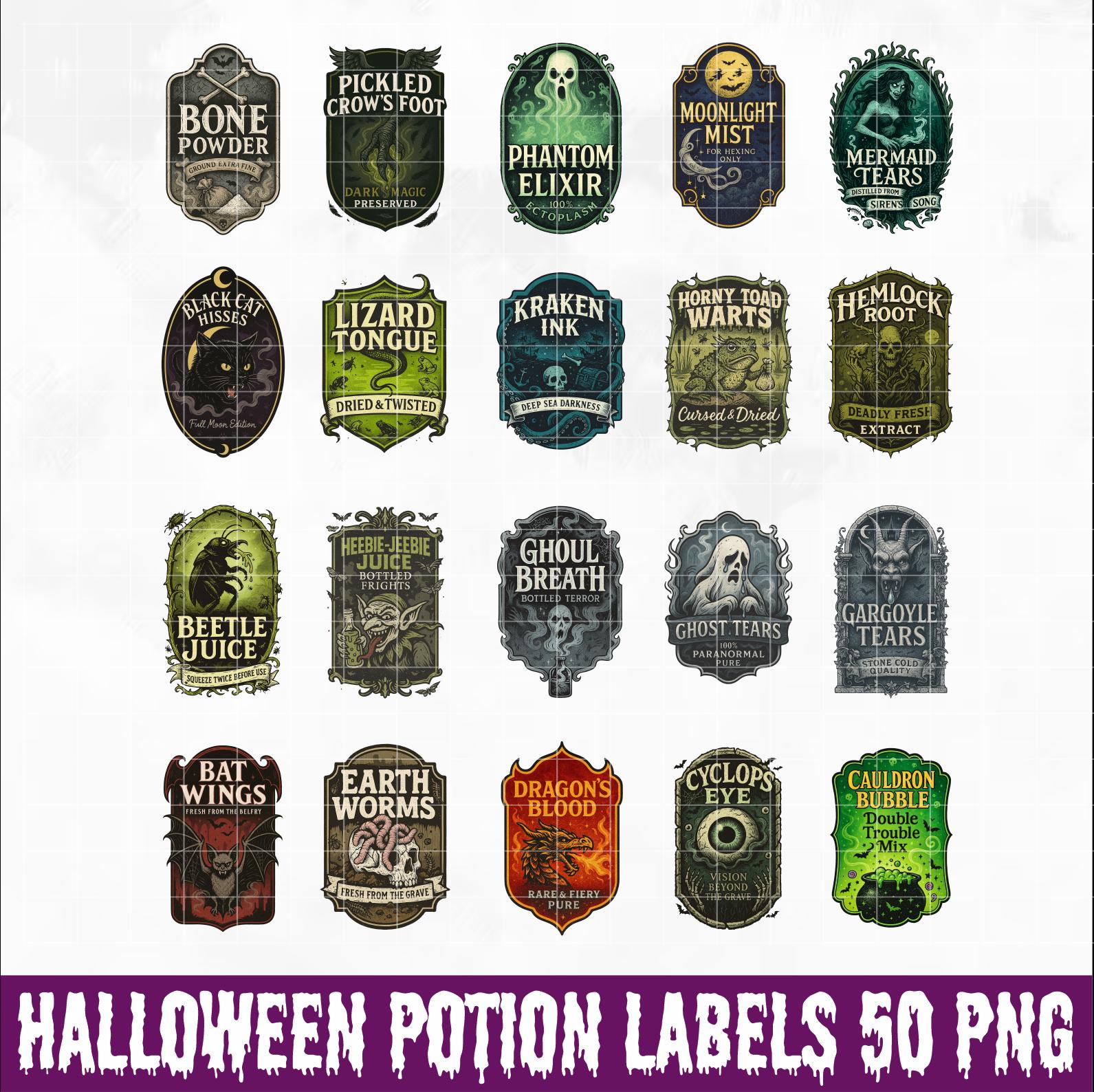Halloween Potion Labels PNG Bundle, Spooky Witchcraft Stickers, Vintage ...