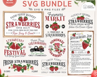 Jordgubbsskylt svg-paket, gårdsfärska jordgubbar svg, bondgårdssommarskylt svg, jordgubbsland svg