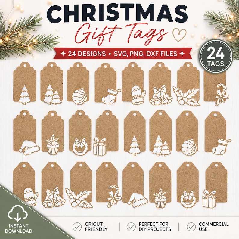 May include: A digital collection of 24 Christmas gift tags featuring brown kraft paper textures and white line art icons including pine trees, ornaments, stockings, mittens, bells, holly, candy canes, wreaths, and presents in SVG, PNG, and DXF formats.