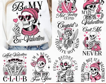 Grappig skelet Valentijnsdag SVG-bundel, Snarky Skeleton Vday svg, Sassy Skull Valentine Humor svg, Anti Valentine Club png