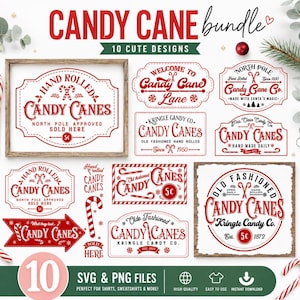 Peut inclure: Un ensemble numérique de 10 motifs graphiques rouges et blancs sur le thème des sucres d'orge, avec une typographie vintage, des bordures décoratives et des illustrations. Le texte inclut des phrases comme Candy Cane Lane et Kringle Candy Co.
