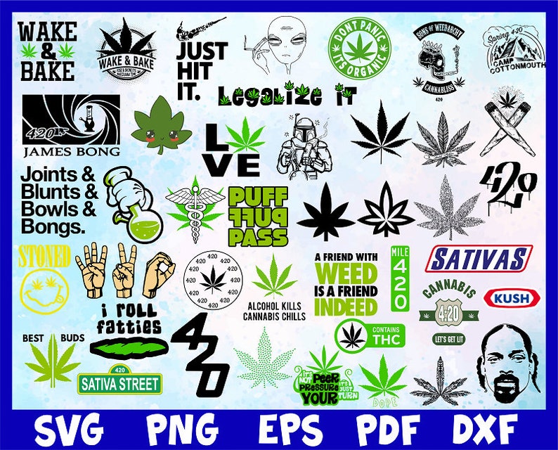 Puede incluir: Una colecci&oacute;n de gr&aacute;ficos y dise&ntilde;os de texto con tem&aacute;tica de cannabis. Incluye frases como "Wake & Bake", "Just Hit It" y "Legalize It". Presenta ilustraciones de hojas de marihuana y referencias a la cultura 420. Formatos: SVG, PNG, EPS, PDF, DXF.