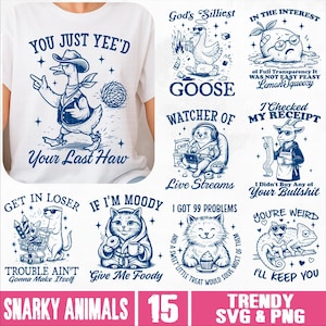 Snarky Animal SVG PNG Bundle, Zabawne sarkastyczne cytaty o zwierzętach na koszulki i kubki, Retro Humor Raccoon SVG, Sassy Goose SVG, Humor dla dorosłych png
