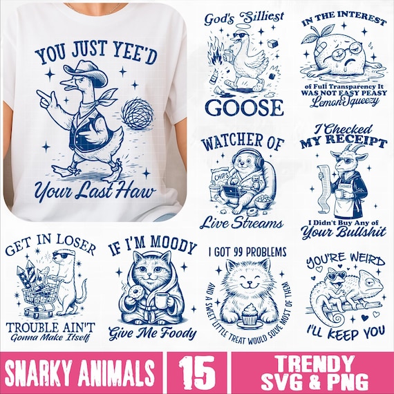 Snarky Animal SVG PNG Bundle, Funny Sarcastic Animal Quotes for Shirts & Mugs, Retro Humor Raccoon svg, Sassy Goose svg, Adult Humor png