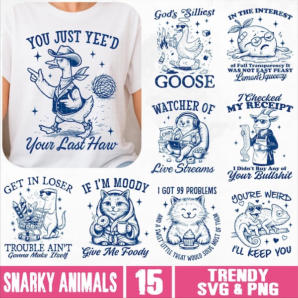 Snarky Animal SVG PNG-bundel, grappige sarcastische dierencitaten voor shirts en mokken, retro humor wasbeer svg, Sassy Goose svg, volwassen humor png