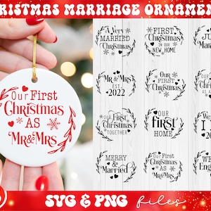 Natale matrimonio ornamenti SVG Bundle, il nostro primo Natale in formato svg, ornamento di Natale in formato svg, allegro e sposato in formato svg
