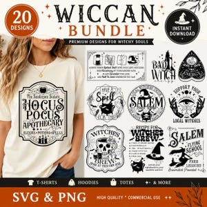 May include: A digital bundle of 20 black and white graphic designs featuring witchy themes, including text like Hocus Pocus Apothecary, Salem Flying School, and Witches Brew, displayed on a cream t-shirt and as individual printable files.