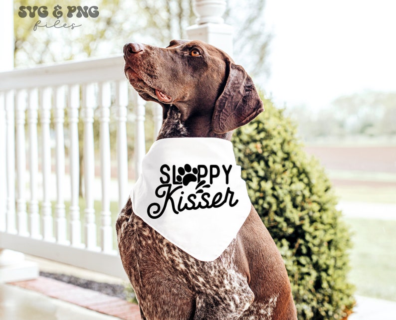 Puede incluir: Un perro marr&oacute;n y blanco con un pa&ntilde;uelo blanco con las palabras "Sloppy Kisser" en escritura negra y un dise&ntilde;o de huella de pata. El perro est&aacute; al aire libre, con una barandilla blanca y follaje verde en el fondo.