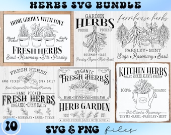 May include: A set of 10 black and white SVG and PNG files featuring farmhouse style signs with text about fresh herbs. The signs include text like "Home Grown with Love", "Fresh Herbs", "Garden Herbs", "Kitchen Herbs", and "Organic Fresh Herbs".