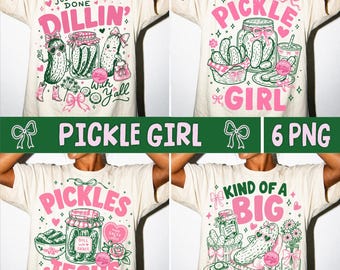 Pickle Girl PNG Bundle, Coquette Preppy Pickle Lover Big Dill Funny Pickle Quotes Pink Bow Retro Trendy Summer Sarcastic Humor PNG