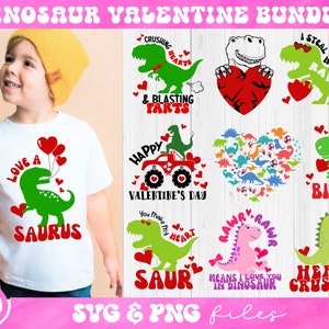 Puede incluir: Un paquete de descarga digital de 10 archivos SVG y PNG de dinosaurios con temática de San Valentín. Los diseños presentan varios dinosaurios con corazones, texto y otros elementos de San Valentín. Los diseños incluyen "Love a Saurus", "Crushing Hearts & Blasting Farts", "Steal Hearts Rawr", "Happy Valentine's Day", "You Make My Heart Saur", "Rawr Means I Love You in Dinosaur", "Love Bites" y "Heart Crusher".