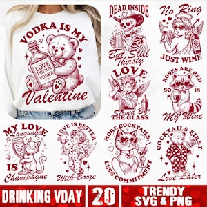 Pacchetto SVG per bere San Valentino, divertenti svg per San Valentino con vino, svg retrò per alcol di San Valentino, svg per bere umorismo, png per San Valentino con bevande