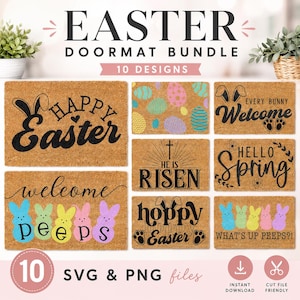 Könnte beinhalten: Ein digitales Bündel mit 10 Oster-Fußmatten-Designs auf Kokosfaser-Hintergründen. Die Grafiken enthalten Texte wie Happy Easter, He Is Risen und Hello Spring sowie Illustrationen von Hasenohren, bunten Eiern und pastellfarbenen Marshmallow-Hasen.