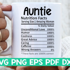 Auntie Nutrition Facts svg, Auntie Nutritional Facts svg, Auntie shirt svg, Gift for Auntie svg, Auntie cut file svg, Mug svg file
