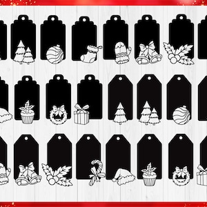 May include: A collection of twenty-four black rectangular gift tags arranged in three rows. Each tag features a white outline graphic at the bottom, including Christmas trees, ornaments, stockings, mittens, bells, holly, candy canes, and gifts.