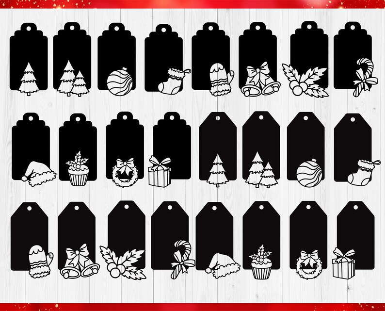 May include: A collection of twenty-four black rectangular gift tags arranged in three rows. Each tag features a white outline graphic at the bottom, including Christmas trees, ornaments, stockings, mittens, bells, holly, candy canes, and gifts.
