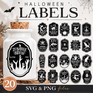 Può includere: Un barattolo in ceramica bianca con tappo in sughero e un'etichetta nera con la scritta Zombie Brew, Gluten Free, e un grafico di mani tese. Accanto ci sono venti etichette di Halloween in bianco e nero con varie illustrazioni spettrali.