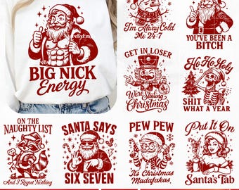 Sassy Christmas PNG Bundle, Snarky Holiday Attitude Santa Skeleton Nutcracker Raccoon Retro Festive Humor Naughty Winter Funny Xmas PNG
