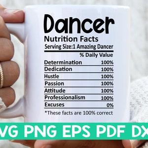 Puede incluir: Taza de cer&aacute;mica blanca con un gr&aacute;fico negro que dice "Dancer Nutrition Facts Serving Size: 1 Amazing Dancer % Daily Value Determination 100% Dedication 100% Hustle 100% Passion 100% Attitude 100% Professionalism 100% Excuses 0% *These facts are 100% correct"