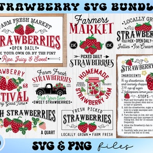 Paquete de letreros de fresa en formato SVG, fresas frescas de granja en formato SVG, letrero de verano de granja en formato SVG, parche de fresa en formato SVG
