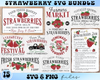 Strawberry Sign svg Bundle, Farm Fresh Strawberries svg, Farmhouse Summer Sign svg, Strawberry Patch svg